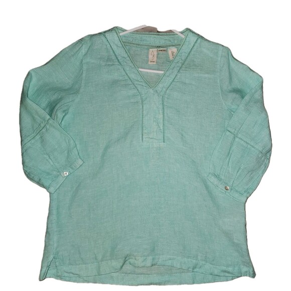 Joie 100% Linen 3/4 Sleeve V-Neck Aqua Pullover Womens Top Blouse Small Coastal - Picture 11 of 14